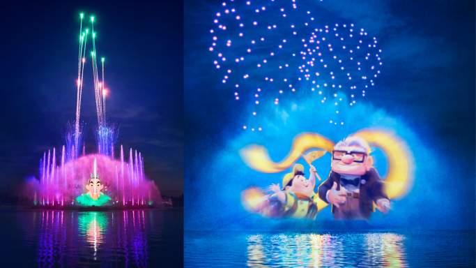 A vibrant water show with lights, fireworks, and animated characters against a night sky.