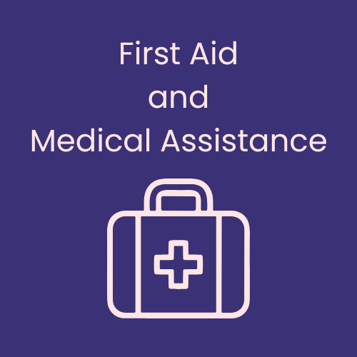 Text on a purple background: "First Aid and Medical Assistance" with a medical kit icon.