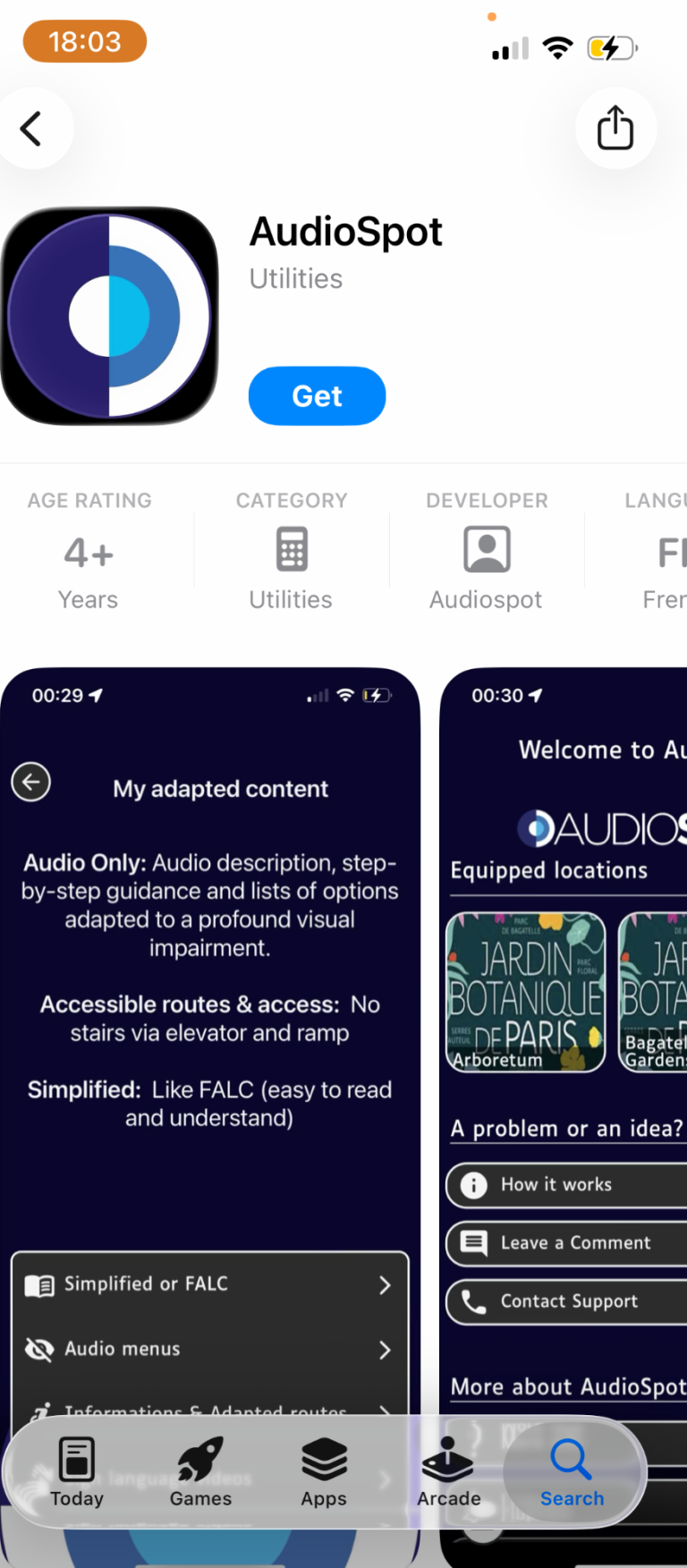 AudioSpot App Screenshot showing the AudioSpot app in the Apple App Store