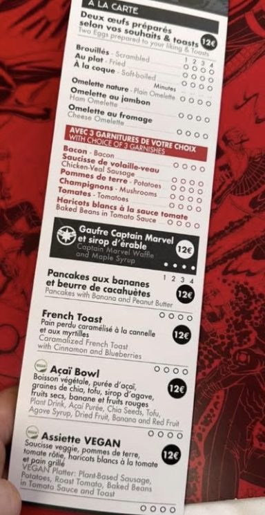 Menu featuring various food items and their prices, with bold headings for categories.
