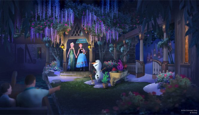 Characters standing together in a magical, flower-filled garden at night.