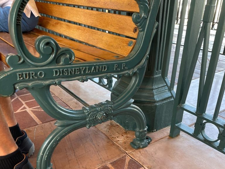 Image shows a wooden bench with Euro Disneyland label