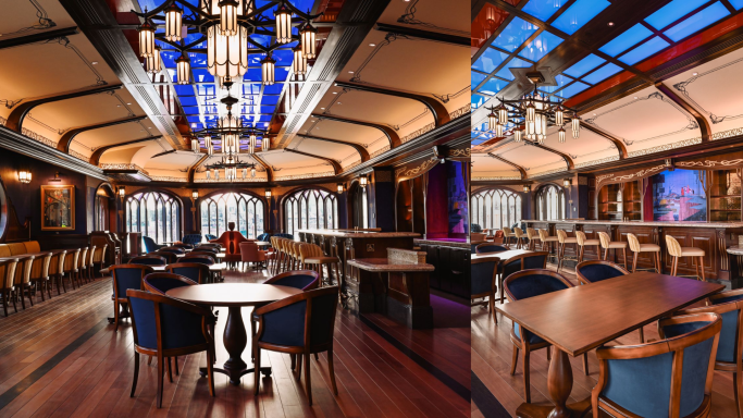 Elegant dining area with ornate lighting and wooden furnishings, featuring blue accents.