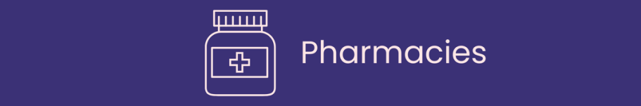 Icon representing pharmacies with a pill bottle and the word "Pharmacies" on a purple background.