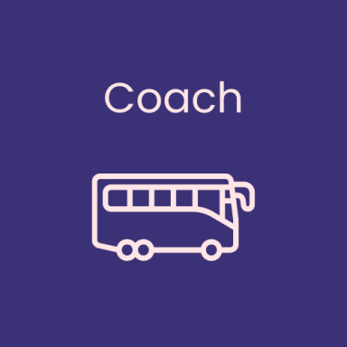 Line drawing of a coach bus on a purple background with the word "Coach" above it.
