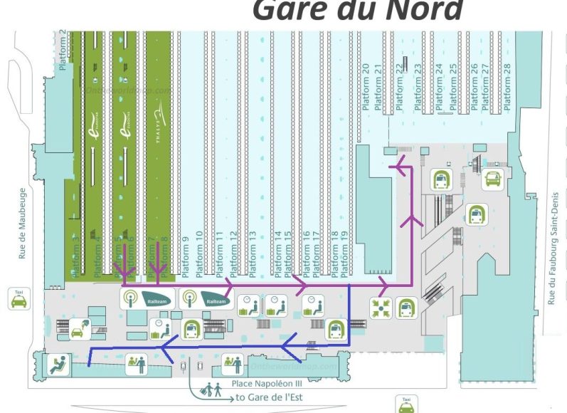 Image of a map of gare du nord showing how to find assistance, as described in the page text