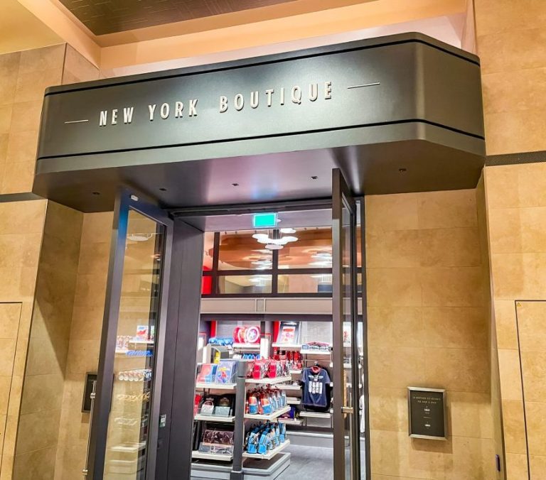 Entrance to New York boutique with visible merchandise inside.