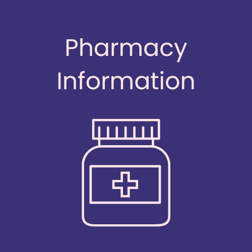 Label for pharmacy information with a medicine bottle icon on a purple background.
