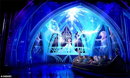 A magical scene featuring Elsa and snowflakes, with guests enjoying a ride below.