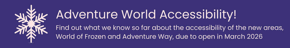 Banner featuring "Adventure World Accessibility" with details about upcoming accessibility information.