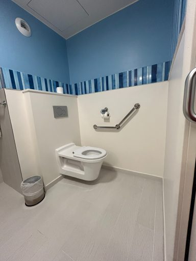 Accessible toilet Accessible bathroom stall with grab bars, toilet, and blue wall accents.