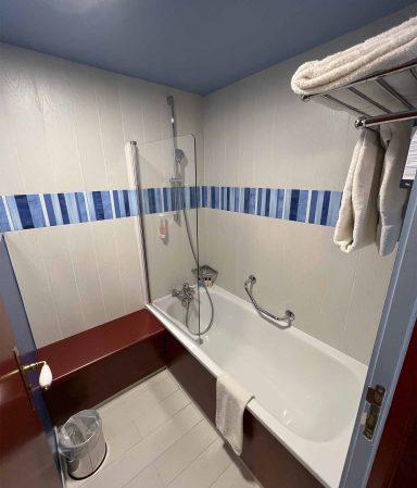Compact bathroom with a shower over the bath, blue and white wall tiles, and white towels.