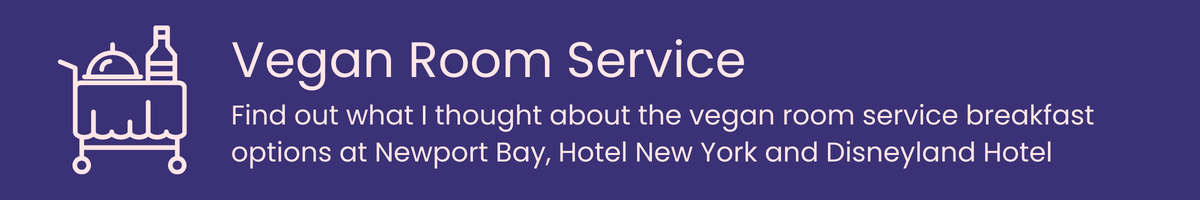 Vegan room service promotional text for a hotel with a purple background.