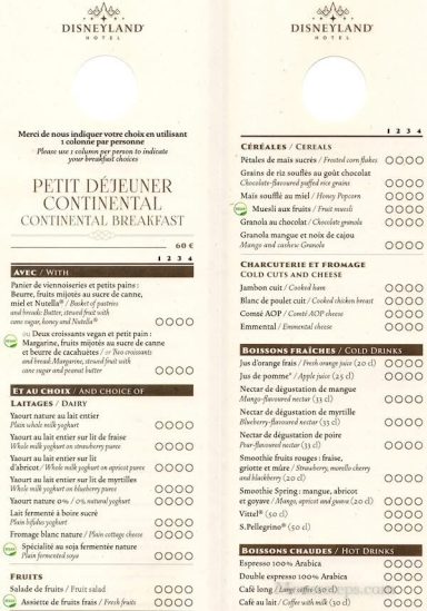 Menu with various food and drink options, including vegetarian and gluten-free dishes.