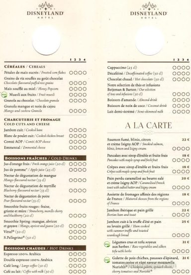 Menu with sections for starters, mains, and desserts, listing various dishes and prices.