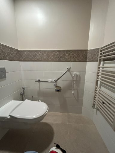 Accessible bathroom with grab bars and a toilet.