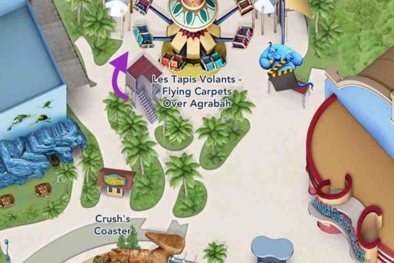 Image shows on a map that entrance to the ride is to the left of the ride as you are facing it