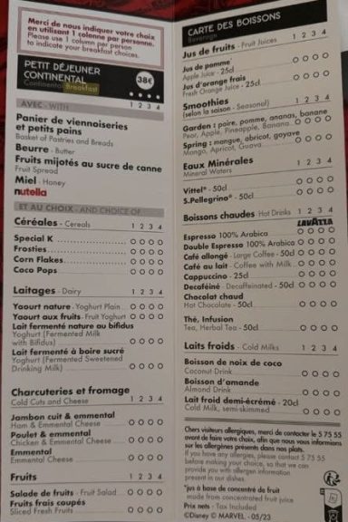 Menu listing various food and drink items with prices and descriptions.