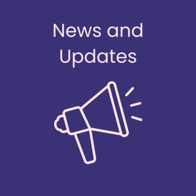 Purple background with a white megaphone icon, text reads "News and Updates."