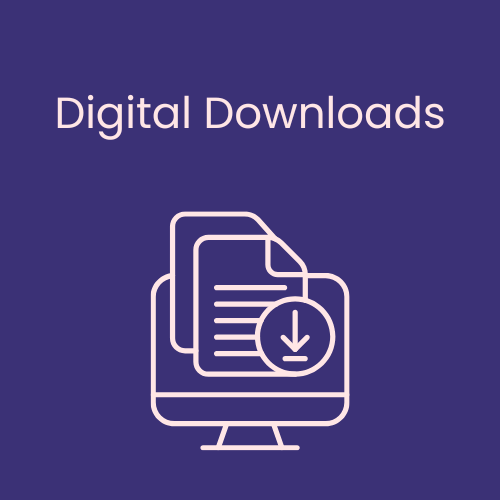Icon representing digital downloads with files and a download arrow on a purple background.