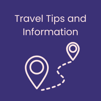 Travel tips and information with location markers on a purple background.