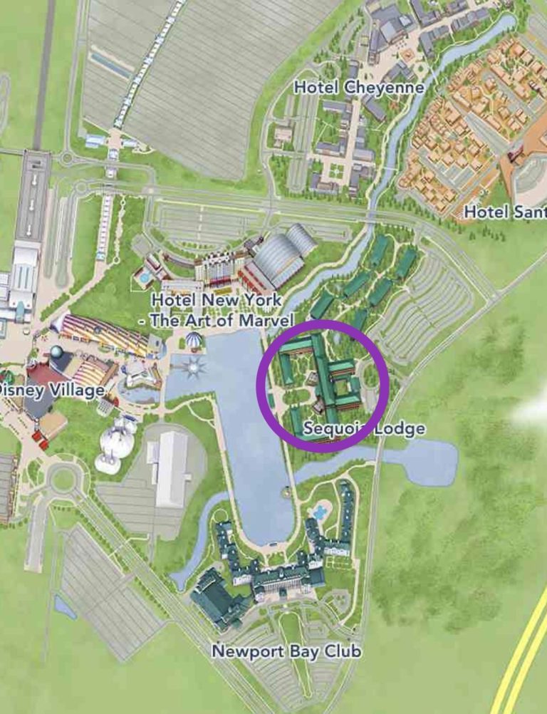 Map showing the location of Sequoia Lodge at the edge of lake disney 