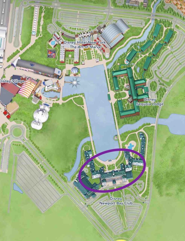 Map showing the location of Newport Bay Club at the edge of lake Disney 