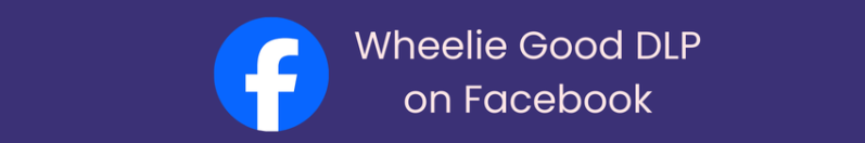 "Wheelie Good DLP logo with Facebook icon on a purple background."