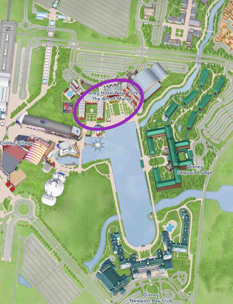 Map overview highlighting a specific area with buildings and a lake.