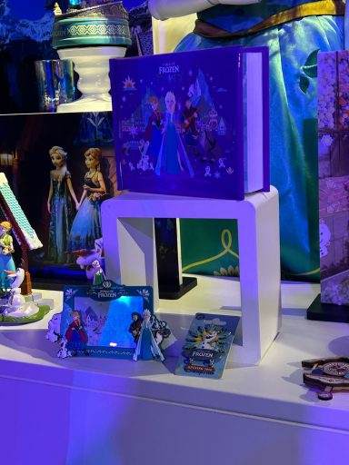 Display of Frozen-themed merchandise, featuring characters and various collectibles.